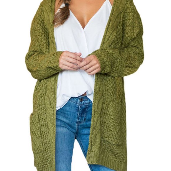 Army Green Long Open Front Pocket Cardigan - Picture 1 of 4